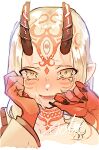  1girl blonde_hair close-up crying crying_with_eyes_open facial_mark fate/grand_order fate_(series) fingernails forehead_mark horns ibaraki_douji_(fate) isagiyo japanese_clothes kimono long_hair looking_at_viewer oni oni_horns parted_lips pointy_ears sharp_fingernails single_bare_shoulder sketch straight-on tears wiping_tears yellow_eyes yellow_kimono 