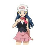  1girl :d beanie black_shirt blush bracelet commentary_request cowboy_shot eyelashes grey_eyes hair_ornament hairclip hand_up hat hikari_(pokemon) jewelry long_hair looking_at_viewer open_mouth pokemon pokemon_(game) pokemon_dppt scarf shirt skirt sleeveless sleeveless_shirt smile solo suitenan transparent_background white_headwear 