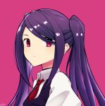  1girl bangs black_vest closed_mouth collared_shirt highres jill_stingray long_hair long_sleeves looking_at_viewer necktie oemunn purple_hair red_eyes red_necktie shirt simple_background solo swept_bangs twintails va-11_hall-a vest white_shirt 