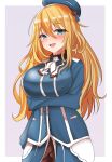  1girl absurdres atago_(kancolle) beret black_gloves black_skirt blonde_hair blue_headwear blue_jacket border breasts cowboy_shot curvy fur_collar gloves hair_between_eyes hat highres jacket kantai_collection large_breasts long_hair looking_at_viewer military military_uniform open_mouth pantyhose pink_background skirt solo tf_cafe uniform white_border 