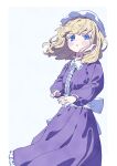  1girl absurdres bangs blonde_hair blue_eyes center_frills collared_dress dress feet_out_of_frame frills hat highres long_sleeves looking_at_viewer maribel_hearn medium_hair mob_cap nama_udon parted_lips purple_dress simple_background solo touhou white_background white_headwear 