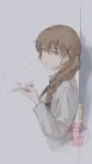  1girl bow braid brown_hair cigarette dated girls_und_panzer hair_bow hair_ornament hairclip highres holding holding_cigarette long_hair looking_at_viewer necktie rukuriri_(girls_und_panzer) single_braid smoke solo useless 