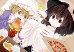  2girls black_hair black_headwear blonde_hair blush burger closed_mouth collared_shirt dress eating food french_fries hair_between_eyes hat holding holding_food long_sleeves maribel_hearn mcdonald&#039;s mob_cap multiple_girls open_mouth pizza purple_dress red_eyes shirt short_hair smile touhou usami_renko white_headwear white_shirt yellow_eyes zetsumame 