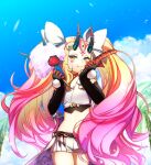  1girl big_hair black_gloves blonde_hair blue_sky bow candy_apple clouds cotton_candy crop_top day elbow_gloves facial_mark fang fate/grand_order fate_(series) fingerless_gloves food forehead_mark gloves gradient_hair hair_bow highres horns hot_dog ibaraki_douji_(fate) ibaraki_douji_(swimsuit_lancer)_(fate) ibaraki_douji_(swimsuit_lancer)_(third_ascension)_(fate) isagiyo long_hair looking_at_viewer multicolored_hair navel oni oni_horns outdoors palm_tree pink_hair pom_pom_(clothes) short_shorts shorts sky smile solo tree two-tone_hair very_long_hair yellow_eyes 