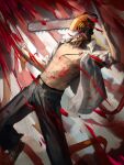  1boy absurdres ao_desu2222 blood blood_on_clothes blood_spray chainsaw chainsaw_man denji_(chainsaw_man) highres hybrid open_clothes open_mouth sharp_teeth sleeves_rolled_up solo teeth tongue tongue_out white_background 