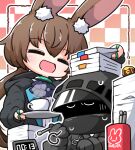  1girl 1other :d =_= ambiguous_gender amiya_(arknights) animal_ear_fluff animal_ears arknights ascot black_gloves black_jacket blue_ascot brown_hair clock cup doctor_(arknights) gloves holding holding_pen holding_tray hood hood_down hood_up hooded_jacket jacket jewelry kado_(hametunoasioto) long_hair mask multiple_rings object_on_head open_clothes open_jacket open_mouth paper_stack pen ponytail rabbit_ears ring shirt smile teacup tray very_long_hair white_shirt 