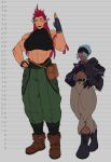  2girls abs absurdres ali_(sotcho) baggy_pants bandana belt belt_pouch biceps black_bandana black_footwear black_gloves black_horns blue_hair boots breasts brown_footwear crop_top dark-skinned_female dark_skin dragon_girl earrings facial_mark gloves high_ponytail highres horns huge_breasts jacket jewelry long_hair looking_at_viewer measurements multiple_girls muscular muscular_female open_clothes open_jacket open_mouth original pants pointy_ears pouch redhead short_hair slit_pupils sotcho tank_top thick_arms thick_eyebrows thick_eyelashes violet_eyes yellow_eyes ziyu_(sotcho) 
