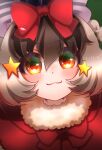  1girl animal_ear_fluff animal_ears bat_ears bat_girl brown_eyes brown_hair brown_long-eared_bat_(kemono_friends) christmas closed_mouth grey_hair hair_ornament highres hikarikmy kemono_friends kemono_friends_v_project long_hair looking_at_viewer multicolored_hair ribbon santa_costume simple_background solo star_(symbol) virtual_youtuber 