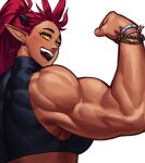  1girl absurdres ali_(sotcho) bead_bracelet beads biceps black_horns bracelet crop_top dark-skinned_female dark_skin earrings high_ponytail highres horns jewelry looking_at_viewer muscular muscular_female open_mouth original pointy_ears redhead slit_pupils smile solo sotcho white_background yellow_eyes 