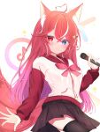  1girl animal_ears black_skirt black_thighhighs blue_eyes cardigan fox_ears fox_girl fox_tail gradient_hair heterochromia highres indie_virtual_youtuber kitsui_akira long_hair long_sleeves looking_at_viewer mark_bm28 microphone miniskirt multicolored_hair pleated_skirt purple_hair red_eyes redhead skirt smile streaked_hair tail thigh-highs virtual_youtuber white_hair 