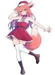  1girl animal_ears blue_eyes boots dress fox_ears fox_girl fox_tail frilled_dress frills full_body fur-trimmed_dress fur-trimmed_headwear fur_trim gradient_hair hat heterochromia highres indie_virtual_youtuber kitsui_akira long_hair multicolored_hair pink_hair purple_hair red_eyes santa_dress santa_hat seion smile strapless strapless_dress tail thigh-highs white_thighhighs zettai_ryouiki 