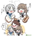  blue_neckerchief blue_sailor_collar bread brown_hair brown_sailor_collar closed_eyes commentary_request facing_viewer food glasses grey_hair hirato_(kancolle) kantai_collection long_hair looking_at_viewer low_twintails mikura_(kancolle) neckerchief ponytail puffy_short_sleeves puffy_sleeves sailor_collar sailor_shirt school_uniform serafuku shikinami_(kancolle) shirt short_hair short_sleeves toast translation_request tsubutarou twintails upper_body 
