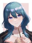  1girl bangs blue_eyes blue_hair blush byleth_(fire_emblem) byleth_eisner_(female) detached_collar fire_emblem fire_emblem:_three_houses food highres holding holding_food holding_pocky lips looking_at_viewer pocky smile solo tomo_shirasu upper_body 