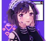  1girl :p black_shirt blush bonnet clothing_cutout commentary_request hair_ornament hairclip hands_up heart heart_hair_ornament highres long_sleeves looking_at_viewer nail_polish pochimaru_(marumaru_wanwan) portrait project_sekai purple_background purple_hair purple_nails shinonome_ena shirt short_hair shoulder_cutout simple_background solo tongue tongue_out violet_eyes 