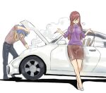  1boy 1girl black_pants blue_hair breasts car closed_eyes couple erza_scarlet facial_mark fairy_tail formal ground_vehicle hair_between_eyes hetero jellal_fernandes legs long_hair long_sleeves mashima_hiro motor_vehicle necktie pants redhead shoes short_hair skirt smile smoke spiky_hair steam turtleneck white_background 