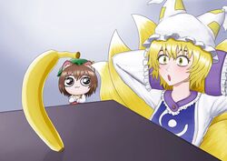 animal_ears banana blonde_hair brown_eyes brown_hair cat_ears chen food fox_ears fox_tail fruit kitsune masyna meme perfect_cherry_blossom touhou vkontakte yakumo_ran yellow_eyes