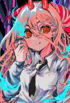  1girl absurdres black_necktie can chainsaw_man collared_shirt cross-shaped_pupils highres horns long_hair looking_at_viewer messy_hair momae_makku necktie pink_hair power_(chainsaw_man) red_horns scythe shirt soda soda_can solo symbol-shaped_pupils upper_body white_shirt yellow_eyes 