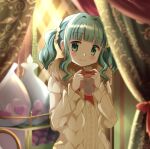  1girl aqua_hair aran_sweater bag bangs blunt_bangs blush bow brown_scarf cable_knit curtains fur_scarf futaba_sana futaba_sana_(winter_costume) green_eyes hair_ornament hair_scrunchie head_tilt holding holding_bag indoors long_sleeves looking_at_viewer magia_record:_mahou_shoujo_madoka_magica_gaiden mahou_shoujo_madoka_magica medium_hair neck_ribbon red_bow red_ribbon ribbon rikopin scarf scrunchie sidelocks smile solo split_mouth sweater twintails upper_body wavy_hair yellow_scrunchie yellow_sweater 