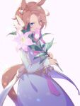  1girl alternate_costume animal_ears blue_eyes bow bowtie brown_hair covered_mouth dress feet_out_of_frame flower holding holding_flower horse_ears horse_girl horse_tail jacket long_sleeves looking_at_viewer nanatsu_naka narita_taishin_(umamusume) pink_background short_hair simple_background solo standing tail twitter_username umamusume white_dress white_jacket 