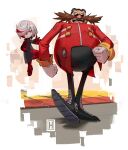  1boy 1girl absurdres bald black_dress child dr._eggman dress facial_hair fat fat_man female_child floating full_body gloves highres mustache open_mouth red_eyes sage_(sonic) sonic_(series) sonic_frontiers thehelmet_guy walking white_gloves white_hair 