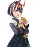  1girl absurdres alternate_costume bag blush commentary_request eyeliner fangs fate/grand_order fate_(series) flat_chest food fur-trimmed_jacket fur_trim hanbok headpiece headwear_request highres holding holding_bag holding_food horns jacket korean_clothes korean_commentary long_sleeves looking_at_viewer looking_to_the_side makeup object_hug oni_horns open_mouth paper_bag pink_nails purple_hair short_hair shuten_douji_(fate) simple_background skin-covered_horns slit_pupils smile snowing solo sookmo steam taiyaki tassel triangle_mouth violet_eyes wagashi white_background 