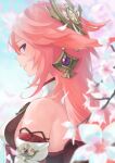 1girl absurdres animal_ears bare_shoulders blue_sky blurry blurry_background branch breasts closed_mouth depth_of_field detached_sleeves earrings falling_petals floppy_ears flower flower_knot fox_ears from_side genshin_impact hair_between_eyes hair_ornament highres inakanoinonaka jewelry long_hair looking_at_viewer medium_breasts petals shirt sideways_glance sky sleeveless sleeveless_shirt smile solo teeth turtleneck upper_teeth violet_eyes white_flower white_shirt yae_miko 