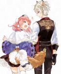  1boy 1girl animal_ears atelier_(series) atelier_escha_&amp;_logy blush choker closed_eyes escha_malier from_behind gloves hat heart holding_another&#039;s_arm karasumi_(aiseec) logix_ficsario long_sleeves looking_at_another open_mouth pants pink_hair shirt short_hair simple_background skirt smile standing tail thigh-highs twintails vest white_background white_hair white_shirt wide_sleeves 