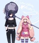  2girls artbydefault black_hair blonde_hair blue_background blush collar collarbone corviknight hair_over_one_eye hammer hand_in_pocket highres holding holding_hammer hood hoodie long_hair midriff multiple_girls pants personification pokemon pokemon_(game) pokemon_sv red_eyes short_hair shoulder_spikes smile spiked_collar spikes sweat thigh-highs tinkaton twintails violet_eyes weapon 