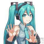  1girl aqua_eyes aqua_hair aqua_necktie bare_shoulders black_sleeves commentary detached_sleeves digiral english_commentary grey_shirt hair_ornament hands_up hatsune_miku headphones highres long_hair looking_at_viewer meme necktie outstretched_hand shirt shoulder_tattoo sleeveless sleeveless_shirt smile solo tattoo twintails upper_body v-shaped_eyebrows very_long_hair vocaloid white_background 