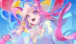  1girl balloon bangs blonde_hair blue_bow blue_eyes blue_hair blue_nails blue_shirt blue_sky bow chouzetsusaikawa_tenshi-chan glitch hair_bow highres holographic_clothing long_hair long_sleeves looking_at_viewer multicolored_hair multicolored_nails needy_girl_overdose open_mouth pink_bow pink_hair pink_nails purple_bow quad_tails sailor_collar school_uniform serafuku shirt sky smile solo standing twintails upper_body v very_long_hair yellow_bow youzi_cha 