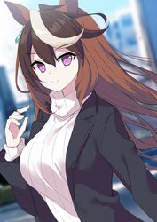  1girl alternate_costume animal_ears black_jacket brown_hair closed_mouth earrings hair_between_eyes horse_ears horse_girl jacket jewelry long_hair long_sleeves looking_at_viewer mauve multicolored_hair outdoors single_earring smile solo streaked_hair sweater symboli_rudolf_(umamusume) turtleneck turtleneck_sweater umamusume very_long_hair violet_eyes white_sweater 