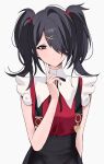  1girl ame-chan_(needy_girl_overdose) bare_arms black_hair black_ribbon black_skirt breasts closed_mouth frills gathers hair_ornament hair_tie hairclip hand_on_own_chin long_hair looking_at_viewer medium_breasts needy_girl_overdose oh_(aung_ae) pencil_skirt red_shirt ribbon shirt shirt_tucked_in skirt solo suspenders twintails upper_body violet_eyes white_background 