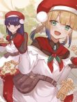  apron baker_nemo_(fate) baumkuchen belt christmas_tree cookie cosplay fate/grand_order fate_(series) food gradient_hair green_eyes hat long_hair martha_(fate) martha_(santa)_(fate) martha_(santa)_(fate)_(cosplay) matching_outfit mittens multicolored_hair nemo_(fate) purple_hair romanjyuu santa_hat smile twintails violet_eyes 