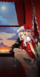 1girl arm_support ascot back_bow bangs bare_legs barefoot bed blonde_hair blush bow canopy_bed closed_mouth clouds crystal curtains diffraction_spikes expressionless flandre_scarlet flat_chest frilled_shirt_collar frills full_body full_moon gradient_sky hair_between_eyes hat hat_bow highres indoors lips looking_at_viewer medium_hair mob_cap moon night petticoat puffy_short_sleeves puffy_sleeves red_bow red_eyes red_skirt red_vest shirt short_sleeves shshs_budai sitting skirt skirt_set sky solo sun sunset touhou vest white_bow white_headwear white_shirt window wings yellow_ascot 