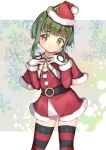  1girl absurdres alternate_costume belt bob_cut brown_eyes capelet contrapposto cowboy_shot dress fur-trimmed_capelet fur-trimmed_dress fur-trimmed_headwear fur_trim gloves green_hair hat highres kantai_collection red_capelet red_dress red_headwear santa_dress santa_hat short_hair short_hair_with_long_locks sidelocks smile solo standing striped striped_thighhighs takanami_(kancolle) thigh-highs white_gloves yashin_(yasinz) 