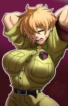  1girl absurdres arms_behind_head belt blonde_hair breasts closed_eyes crimsonrld emblem english_commentary hair_over_one_eye hellsing highres large_breasts seras_victoria shirt short_hair simple_background sleeves_rolled_up standing taut_clothes taut_shirt uniform watermark 