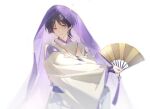  1boy bangs genshin_impact hand_fan holding holding_fan japanese_clothes kariginu litoufulawo long_sleeves looking_at_viewer male_focus purple_hair scaramouche_(genshin_impact) scaramouche_(kabukimono)_(genshin_impact) simple_background smile solo veil violet_eyes white_background wide_sleeves 