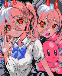  1girl absurdres bangs blue_bow bow chainsaw_man collared_shirt cross-shaped_pupils doll_hug fang hair_between_eyes highres horns long_hair looking_at_viewer maid maid_headdress momae_makku object_hug open_mouth orange_eyes pink_hair power_(chainsaw_man) red_horns shirt stuffed_animal stuffed_bunny stuffed_toy symbol-shaped_pupils twintails white_shirt 