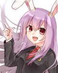  1girl :d animal_ears bangs black_jacket blazer buttons collared_shirt crescent crescent_pin hair_between_eyes index_finger_raised jacket light_purple_hair long_hair long_sleeves looking_to_the_side necktie open_mouth rabbit_ears rabbit_girl red_eyes red_necktie reisen_udongein_inaba rena_(ke) shirt simple_background smile solo teeth touhou upper_body upper_teeth very_long_hair white_background white_shirt 