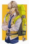  1boy arven_(pokemon) backpack bag bangs belt blue_necktie blue_pants border brown_hair closed_mouth collared_shirt commentary_request crossed_arms green_eyes hair_over_one_eye highres long_hair long_sleeves looking_at_viewer male_focus necktie pants pokemon pokemon_(game) pokemon_sv roji_(rozio) shirt solo white_border yellow_bag 