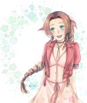  1girl aerith_gainsborough arms_behind_back bangs blush braid braided_ponytail breasts brown_hair choker cowboy_shot cropped_jacket dress final_fantasy final_fantasy_vii final_fantasy_vii_remake floral_background flower_choker green_eyes hair_ribbon jacket jo_ro_ri long_hair looking_to_the_side medium_breasts open_mouth parted_bangs pink_dress pink_ribbon red_jacket ribbon short_sleeves sidelocks smile solo twitter_username wavy_hair white_background 