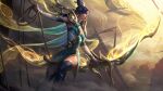  1girl absurdres animal ashe_(league_of_legends) bangs bird black_hair breasts closed_mouth day detached_sleeves dress glowing gold_trim green_dress green_thighhighs hair_bun hair_ornament hair_stick highres league_of_legends long_hair lunar_empress_ashe magic medium_breasts multicolored_clothes multicolored_dress ocean official_alternate_costume official_art outdoors rope shiny shiny_hair ship single_hair_bun solo standing thigh-highs watercraft white_dress 