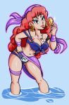  absurdres bikini blue_eyeshadow captain_syrup coin collar curly_hair earrings eyeshadow hand_on_hip highres jewelry lipstick long_hair makeup nintendo red_eyes red_lips redhead summer swimsuit twistythetiny wario_land water wavy_hair 