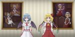  2girls ascot bat_wings blue_hair dress fang fang_out flandre_scarlet grummsed looking_at_viewer multiple_girls no_headwear painting_(object) puffy_short_sleeves puffy_sleeves recurring_image remilia_scarlet ribbon short_sleeves smile touhou wings wrist_cuffs 