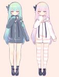  blush_stickers butterfly_hair_ornament green_hair hair_ornament highres hololive hood hoodie long_hair mashiro_miru pink_eyes pink_hair pink_hoodie sidelocks sleeves_past_fingers sleeves_past_wrists socks striped striped_thighhighs thigh-highs uruha_rushia very_long_hair virtual_youtuber 