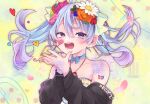  1girl ai_kotoba_iii_(vocaloid) aqua_eyes aqua_hair bandage_on_face bandages bangs bare_shoulders black_sleeves bow bowtie detached_sleeves earrings flower hair_between_eyes hair_bow hair_flower hair_ornament hands_up hatsune_miku heart heart-shaped_pupils highres jewelry looking_at_viewer mikoshiba_m open_mouth shirt symbol-shaped_pupils tattoo twintails upper_body vocaloid white_background white_shirt 