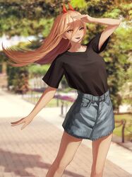  1girl :d ao_desu2222 arm_up bangs black_shirt blonde_hair blurry blurry_background chainsaw_man day denim denim_skirt fangs floating_hair grey_skirt hair_between_eyes highres long_hair miniskirt outdoors power_(chainsaw_man) red_eyes shiny shiny_hair shirt short_sleeves skirt smile solo standing straight_hair very_long_hair 