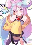  blue_hair bow-shaped_hair character_hair_ornament hair_ornament hexagon_print highres iono_(pokemon) jacket long_hair low-tied_long_hair multicolored_hair oversized_clothes pink_eyes pink_hair pokemon pokemon_(game) pokemon_sv sazamiso_rx sharp_teeth sleeves_past_fingers sleeves_past_wrists teeth twintails two-tone_hair very_long_hair yellow_jacket 