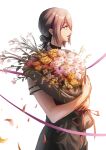  1girl absurdres ao_desu2222 bangs black_choker black_shorts bouquet chainsaw_man choker flower hair_bun highres holding holding_bouquet looking_to_the_side open_mouth reze_(chainsaw_man) shirt short_hair shorts sidelocks simple_background solo white_background white_flower white_shirt 