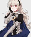  1girl armor bangs breastplate cape corrin_(fire_emblem) corrin_(fire_emblem)_(female) fire_emblem fire_emblem_fates gloves hair_between_eyes hairband highres juliet_sleeves long_hair long_sleeves looking_at_viewer open_mouth peach11_01 pointy_ears puffy_sleeves red_eyes simple_background smile solo wavy_hair white_hair 